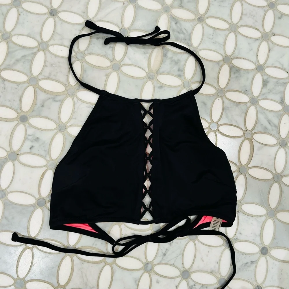 Sold New PINK Victoria’s Secret High Neck Black Caged Cut Out Halter Top Bikini